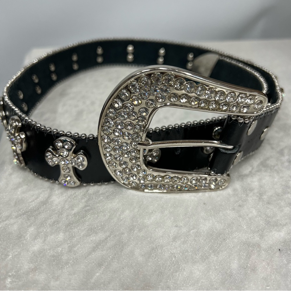 Y2K Crystal Embellished Black Belt western crosses studded motorcycle cowgirl